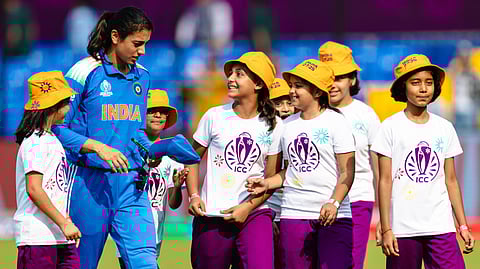 India’s vice-captain Smriti Mandhana with mascots of the ICC Women’s Cricket World Cup before a match at Indore.  The tournament has seen the presence of women not just on the field but as umpires, match referees, officials and commentators.