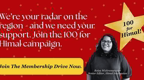 Photo of a woman on a red background. Text reads 'Your radar on the region. Join our 100 for Himal campaign and join our membership drive!'