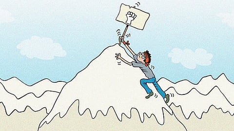 Cartoon of a Nepali student protester wearing a red headband planting a placard with a symbol of an upraised fist on Everest, representing Nepal's Gen Z led protests