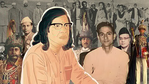 In 1976, nearing death, Phanishwar Nath Renu wrote to B P Koirala, “My sickness does not allow me to help you with the democratic revolution in Nepal for now.” But the great Hindi writer had done his part, with the pen and with the gun, in the Nepali Congress's 1950 insurrection against autocratic Rana rule. (From left: Mohan Shumsher Jung Bahadur Rana, Matrika Prasad Koirala, Phanishwar Nath Renu, King Tribhuvan, B P Koirala, Subarna Shamsher Rana, King Mahendra)