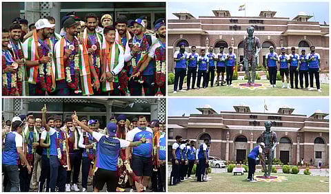 Indian Men Hockey Team players celebrate arrive at Delhi