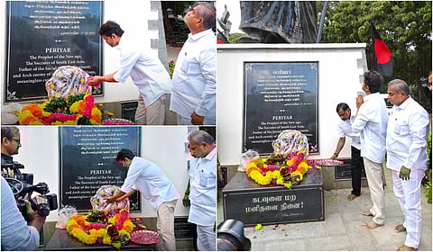 TVK President Vijay pays floral tribute to Periyar statue