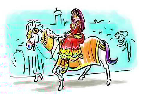 மாப்பிள்ளைக்கு பதிலாக குதிரையில் மணப்பெண் ஊர்வலம் - உ.பி. கிராமத்து திருமணத்தில் விநோதம்
