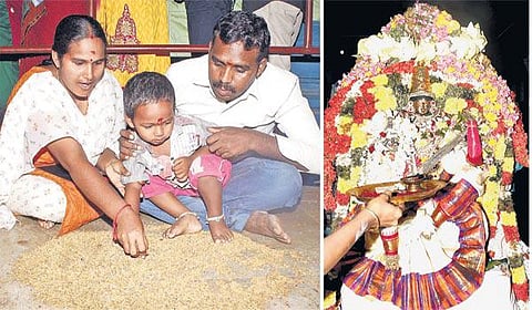 விஜயதசமி விழாவையொட்டி கூத்தனூர் கோயிலில் குவிந்த குழந்தைகள்