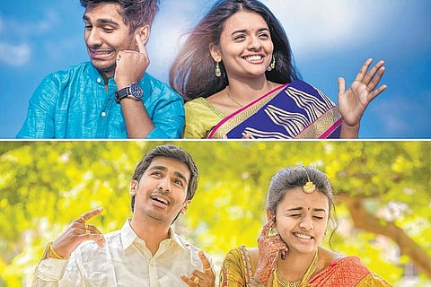 சூரியகாந்தி தோட்டம் நடுவே காதல் கிளிக்