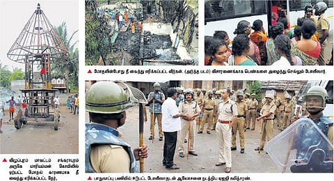 விழுப்புரம் மாவட்டம் சங்கராபுரம் அருகே போலீஸார் துப்பாக்கிச் சூடு: தேர் மீது பெட்ரோல் குண்டு வீச்சு; 4 வீடுகள் தீ வைத்து எரிப்பு - 11 பெண்கள் உட்பட 70 பேர் கைது; ஊரடங்கு உத்தரவு பிறப்பிப்பு