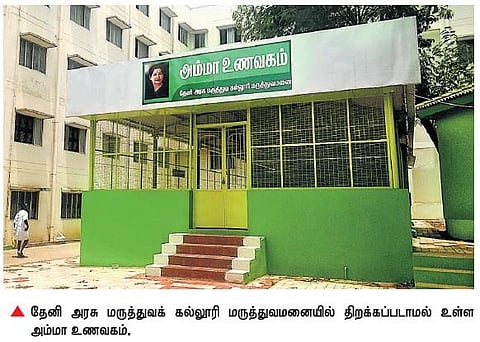 தேனி அரசு மருத்துவக் கல்லூரி மருத்துவமனையில் பல மாதங்களாக மூடிக் கிடக்கும் அம்மா உணவகம்