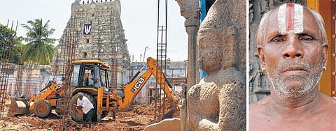 மாமல்லபுரம் ஸ்தலசயன பெருமாள் கோயிலில் அனுமதியின்றி மண்டபம் கட்டும் பணி: அதிகாரிகளை மிரட்டுவதாக குற்றச்சாட்டு