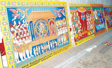 நடராஜர் கோயிலில் மூலிகை கலந்த கலவையால் வரையப்பட்ட தல வரலாறு ஓவியங்கள்