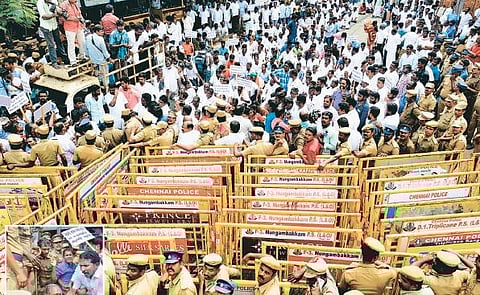 இலங்கை தூதரகத்தை மீனவர்கள் முற்றுகை: தாக்குதல், கைது செய்யப்படுவதற்கு எதிர்ப்பு- தீக்குளிக்க முயன்றதால் பரபரப்பு