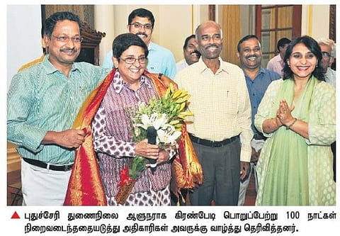 அதிகாரிகளின் 100 சதவீத ஒத்துழைப்பால் புதுச்சேரியை விட்டு வெளியேறும் எண்ணம் இல்லை: கிரண்பேடி விளக்கம்