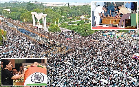 சென்னை மெரினாவில் எம்.ஜி.ஆர். நினைவிடம் அருகே முழு அரசு மரியாதையுடன் ஜெயலலிதா உடல் நல்லடக்கம்