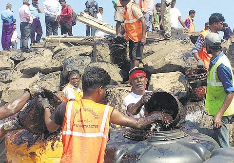 எண்ணெய் படலத்தை அகற்ற பல்வேறு துறைகள் களமிறங்கின