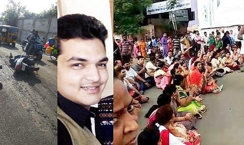 சேற்றில் சறுக்கி விழுந்த இருசக்கர வாகனம்: இளைஞர் மீது பேருந்து ஏறியதில் மரணம்: சாலை மறியலில் ஈடுபட்ட பொதுமக்கள் கைது