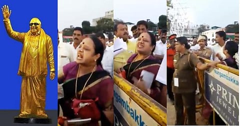 திமுக பொதுக்கூட்டத்தில் போலீஸாரிடம் தகராறு செய்த பெண் பிரமுகர்; வைரலான காணொலி: 3 பிரிவுகளில் வழக்குப் பதிவு