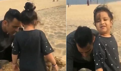 மகள் ஸிவாவுடன் சென்னை கடற்கரையில் விளையாடிய தோனி