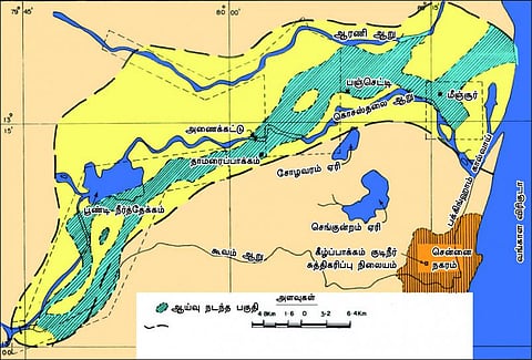 சென்னை அருகே மீஞ்சூரில் கொசஸ்தலை ஆறு முகத்துவாரம் முதல் காவேரிப்பாக்கம் வரை பூமிக்கடியில் 80 கி.மீ. நீளத்தில் இயற்கையாக அமைந்துள்ள அணை; சுத்திகரிக்கப்பட்ட கழிவுநீரை நிரப்பி தாராளமாக தண்ணீர் பெறலாம் என்கிறது ஆய்வு
