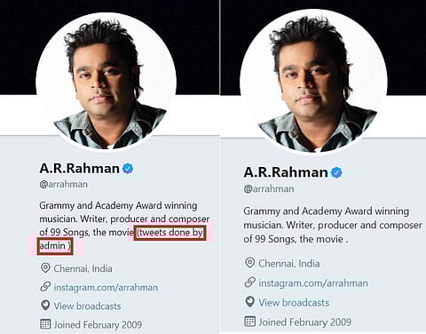 அட்மின் தான் ட்வீட் செய்கிறார்: ஏ.ஆர்.ரஹ்மான் ட்விட்டரில் மாற்றப்பட்ட ‘பயோ’