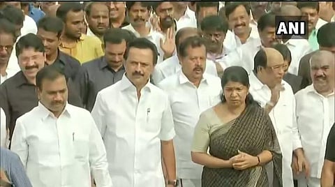 அமைதிப் பேரணியில் பங்கற்ற திமுக தலைவர் மு.க.ஸ்டாலின், எம்.பி.க்கள் கனிமொழி,ஆ.ராசா, தயாநிதி மாறன் உள்ளிட்டோர் பங்கேற்ற காட்சி: படம் ஏஎன்ஐ