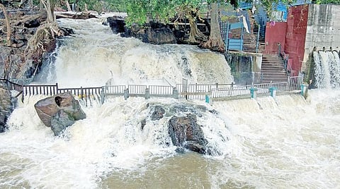 ஒகேனக்கல் காவிரி ஆற்றில் நீர்வரத்து அதிகரித்துள்ள நிலையில், பிரதான அருவியில் ஆர்ப்பரித்து கொட்டும் நீர்.