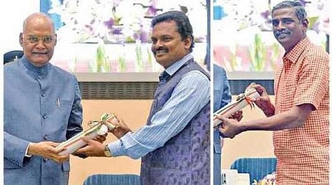 டெல்லியில் நேற்று நடைபெற்ற விழாவில் குடியரத் தலைவர் ராம்நாத்திடம் இருந்து தேசிய நல்லாசிரியர் விருது பெற்ற எம்.மன்சூர் அலி, ரா.செல்வக்கண்ணன்.