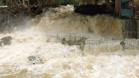 ஒகேனக்கல் காவிரி ஆற்றில் நீர்வரத்து மீண்டும் உயர்ந்ததால் பிரதான அருவியை மூழ்கடித்தபடி செல்லும் வெள்ளம்.