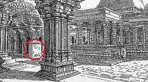 சிலைகள் சுதையால் மூடப்பட்டிருந்த நிலையில், எனது குருநாதர் ஓவியர் சில்பி வரைந்த ஓவியம் இது. அப்பகுதி சிவப்பில் வட்டமிடப்பட்டுள்ளது.