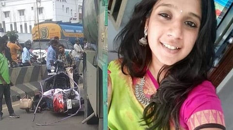 பள்ளிக்கரணையில் பரிதாபம்: பிளக்ஸ் பேனர் விழுந்ததில் சாலையில் விழுந்த இளம்பெண் லாரிமோதி உயிரிழப்பு