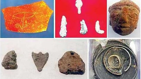 கீழடியில் 5-வது கட்ட அகழாய்வில் கண்டெடுக்கப்பட்ட விசித்திரமான குறியீடு உள்ள பானை ஓடு, இரும்புப் பொருட்கள், சுடுமண் பொம்மைகள், கருப்பு மண் பாத்திரம்.