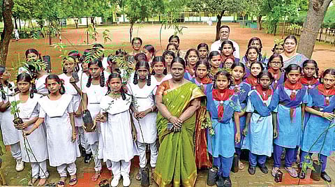 மரக்கன்றுகளுடன் தலைமை ஆசிரியர் எச்.பங்கஜம் மற்றும் மாணவிகள். படம்:எஸ்.கிருஷ்ணமூர்த்தி