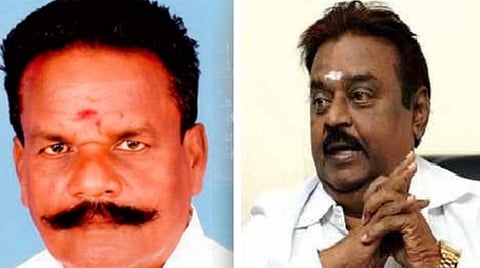 அமைச்சர் பாஸ்கரன் (இடது); விஜயகாந்த் (வலது)