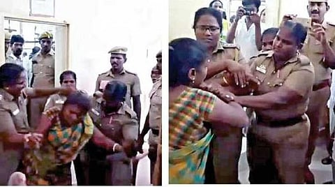 லால்குடி ஒன்றிய வாக்குகள் எண்ணப்பட்ட குமுளூர் அரசு வேளாண்மை பொறியியல் கல்லூரி - ஆராய்ச்சி நிறுவன மையத்தில் இருந்து சுயேச்சை வேட்பாளர் செல்வராணியை வெளியேற்றிய போலீஸார்.