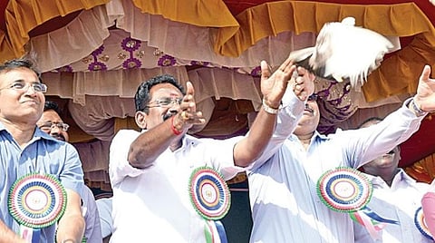 மதுரை ரேஸ்கோர்ஸ் மைதானத்தில் நடைபெற்ற குடியரசு தின குழு விளையாட்டுப் போட்டிகள் தொடக்க விழாவில் புறாக்களைப் பறக்கவிட்ட அமைச்சர் செல்லூர் கே.ராஜூ. படம்:ஜி.மூர்த்தி