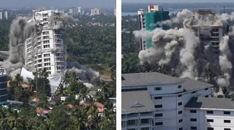 உச்சநீதிமன்ற உத்தரவின்படி சனிக்கிழமை இரண்டு உயரமான அடுக்குமாடி வளாகங்கள் இன்று இடித்துத் தரைமட்டமாக்கப்பட்டன.