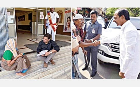 மூதாட்டி அருகில் அமர்ந்து அவரது குறைகளை கேட்கும் ஆட்சியர் முகமது அஜீம் அகமது. சாலையில் காத்திருந்த மாற்றுத்திறனாளியிடம் காரை விட்டு இறங்கி பிரச்சினைகளை கேட்டறியும் முதல்வர் கே. சந்திரசேகர ராவ்.