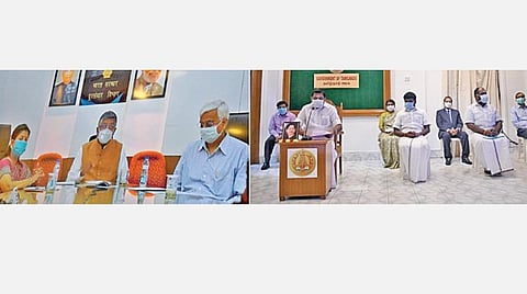 கரோனா வைரஸ் தடுப்பு நடவடிக்கைக்காக தமிழக அரசின் சுகாதாரத் துறை, தமிழ்நாடு மின்னாளுமை முகமை, சென்னை - ஐஐடி மற்றும் பிஎஸ்என்எல் ஆகியவை இணைந்து செயல்படுத்தும் குரல்வழி சேவையை காணொலி காட்சி வாயிலாக சென்னையில் முதல்வர் பழனிசாமியும், டெல்லியில் மத்திய அமைச்சர் ரவிசங்கர் பிரசாத்தும் நேற்று தொடங்கி வைத்தனர். உடன் அமைச்சர்கள் மற்றும் உயர் அதிகாரிகள். படங்கள்: ம.பிரபு