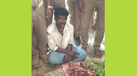 உரிகம் வனச்சரகம் கெஸ்தூர் காப்புக்காட்டில் மான் வேட்டையாடி இறைச்சியுடன் பிடிபட்ட நபருடன் வனத்துறையினர்.