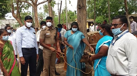 பயனாளிகளுக்கு கறவை மாடுகளை வழங்கிய ஆட்சியர் திவ்யதர்ஷினி, எஸ்.பி. மயில்வாகனன்.