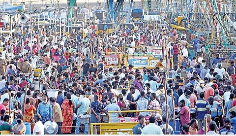 தமிழகத்தில் தளர்வுகளற்ற முழு ஊரடங்கு இன்று கடைபிடிக்கப்படுவதால், சென்னை காசிமேடு மீன்பிடி துறைமுகத்தில் நேற்று மீன் வாங்க வியாபாரிகள் குவிந்தனர். படம்: ம.பிரபு