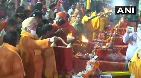 அயோத்தி பூமி பூஜையை தொடர்ந்து சரயூ நதியில் ஆரத்தி: மோகன் பாகவத் உள்ளிட்டோர் பங்கேற்பு