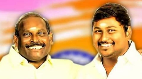 அமைச்சர் கந்தசாமி, அவரது மகன் விக்னேஷ்.