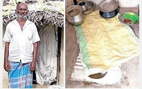 கண்டிவாக்கம் கிராமத்தில் கதவில்லாத தனது கூரை வீட்டின் முன்னே முதியவர் குப்பன். (அடுத்த படம்) அரசு கட்டிக் கொடுத்த கழிப்பறையில் வைக்கப்பட்டுள்ள சமைத்த உணவுகள்.