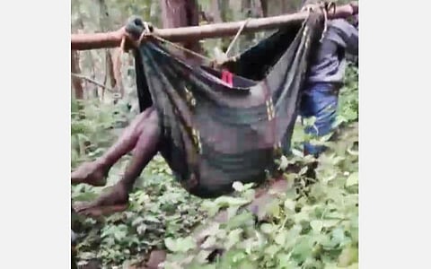 மரத்தில் இருந்து கீழே விழுந்தவரை சிகிச்சைக்காக தூளி கட்டி ஏற்காட்டுக்கு அழைத்து வரும் கொடிக்காடு கிராமத்தினர்.