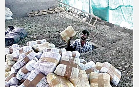 ஆட்டுப் பட்டியில் பதுக்கி வைக்கப்பட்டிருந்த கஞ்சா பொட்டலங்கள்.