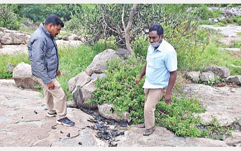 கிருஷ்ணகிரி மாவட்டம் நாகரசம்பட்டி அடுத்த என்.தட்டக்கல் கிராமத்தில் உள்ள பெரியபாறை பகுதியில் மர்ம நபர்களால் வேட்டையாடப்பட்டு வீசப்பட்டுள்ள பறவையின் எச்சங்களை வனத்துறையினர் ஆய்வுக்காக எடுத்துச் சென்றனர்.