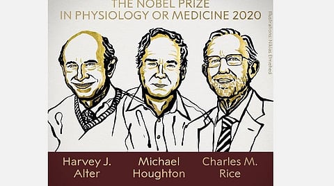 மருத்துவத்துக்கான நோபல் பரிசு அறிவிக்கப்பட்ட விஞ்ஞானிகள் ஹார்வே ஜே.ஆல்டர், மைக்கேல் ஹாட்டன், சார்லஸ் ரைஸ்