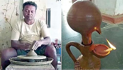 அசோக் சக்கரதாரி மற்றும் அவர் வடிவமைத்த மேஜிக் மண் விளக்கு.