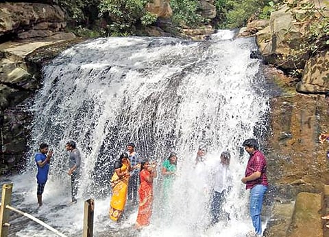 ஆத்தூர் அடுத்த ஆனைவாரி முட்டல் அருவியில் வெள்ளியை உருக்கியதுபோல கொட்டும் நீரில் ஆனந்தமாக குளிக்கும் பயணிகள்.
