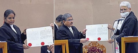 சென்னை உயர் நீதிமன்றத்தில் 10 புதிய நீதிபதிகளுக்கு தலைமை நீதிபதி ஏ.பி.சாஹி நேற்று பதவிப் பிரமாணம் செய்துவைத்தார்.படங்கள்: ம.பிரபு