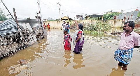 வடகிழக்குப் பருவமழை நிறைவடைய உள்ள நிலையில், வளி மண்டல மேலடுக்குச் சுழற்சி காரணமாக மதுரையில் கடந்த சில நாட்களாக தொடர்மழை பெய்து வருகிறது. மதுரை கனகவேல் காலனியில் குடியிருப்புகளை சூழ்ந்திருக்கும் மழைநீர். (அடுத்தபடம்) தெருக்களில் தேங்கி நிற்கும் நீரில் இரு சக்கர வாகனங்களை உருட்டிச் செல்லும் பொதுமக்கள்.படங்கள்: எஸ்.கிருஷ்ணமூர்த்தி